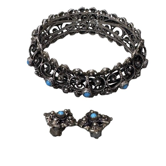 Vtg Silver Filigree Bracelet Turquoise & Clip-On Earrings Set Blue Safety Chain - Picture 7 of 10